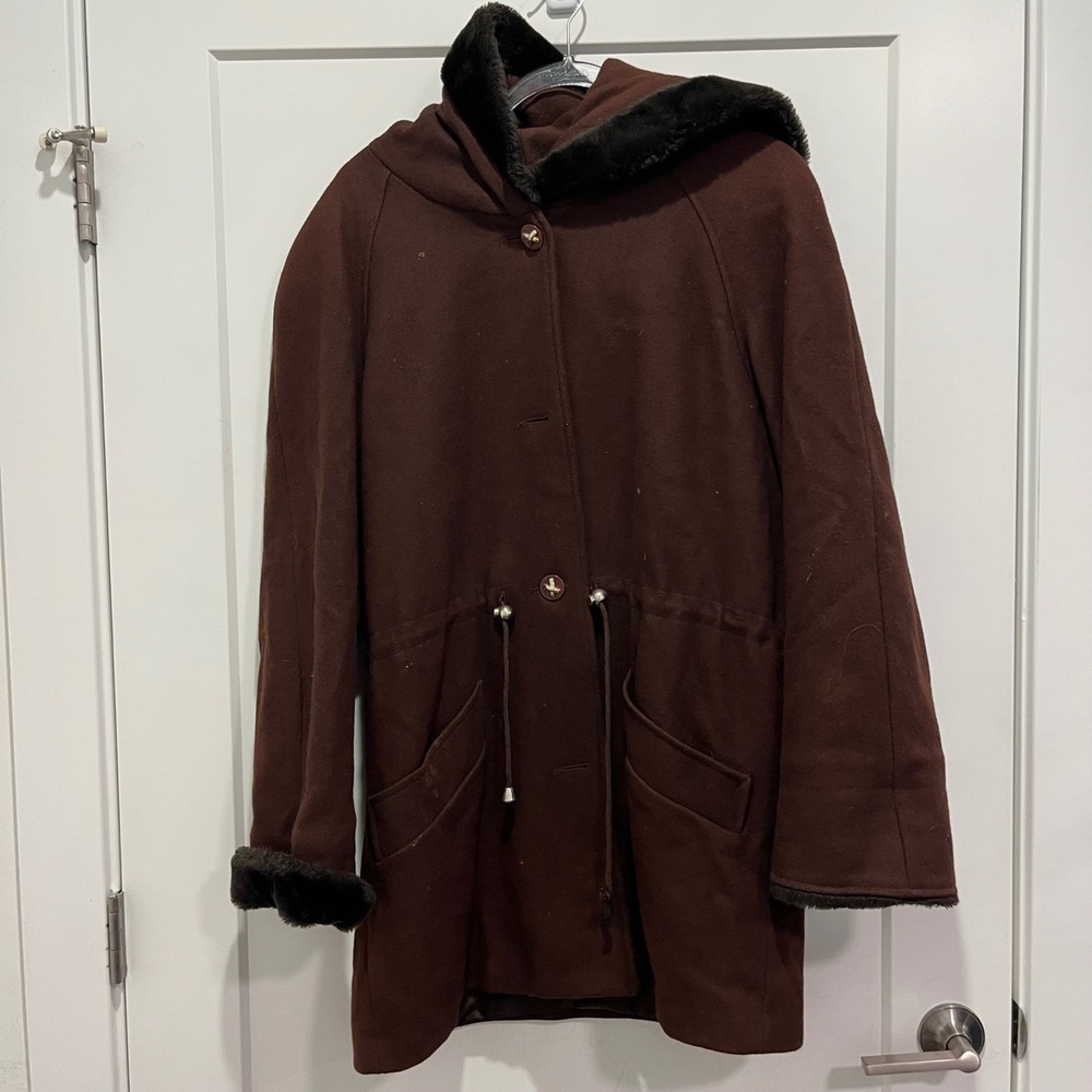 Metropolitan New York Brown Faux Fur Trim Hooded Wool Blend Parka Coat Womens 10